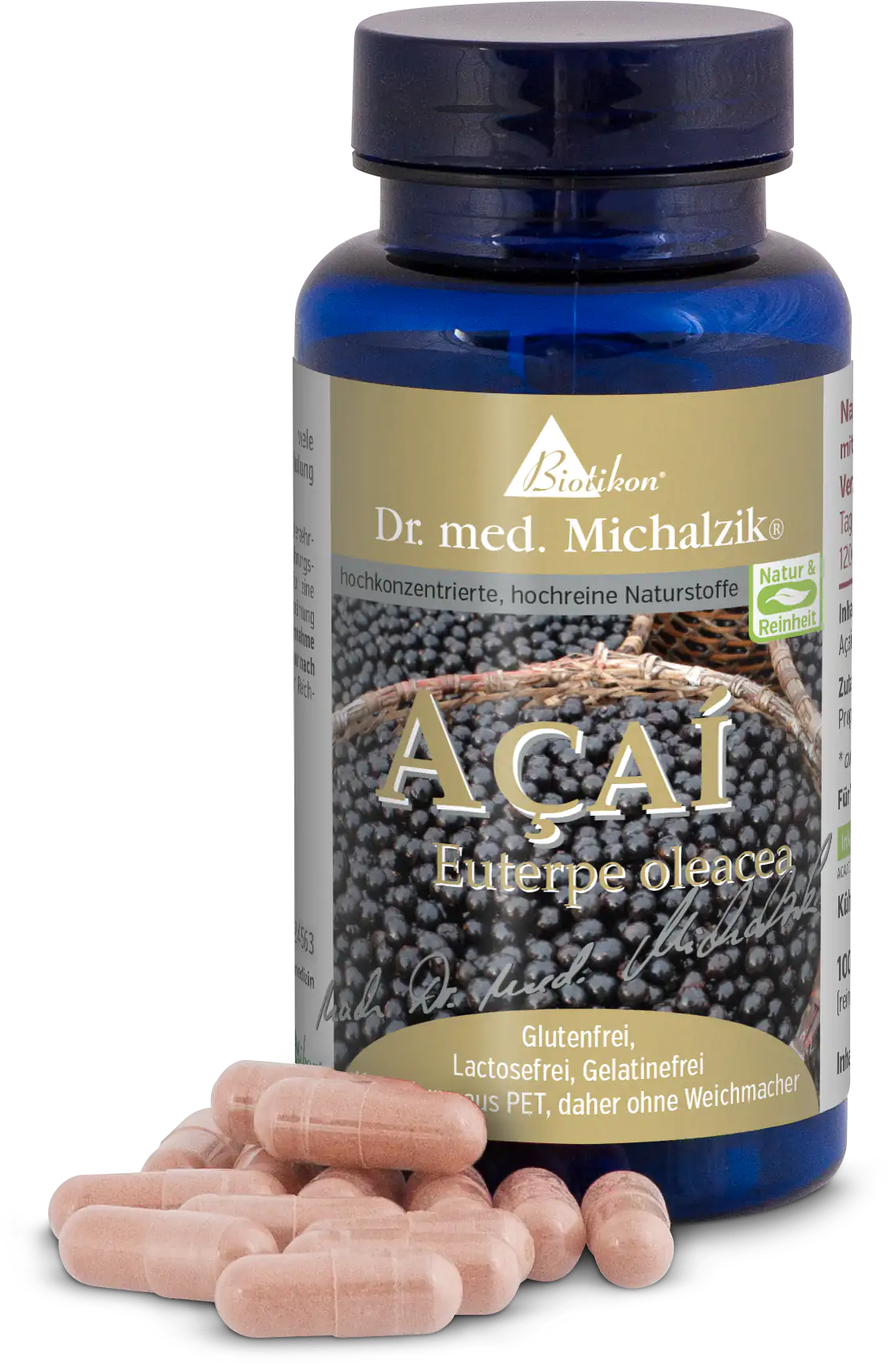 Açaí 1000 mg – Capsules Blue bottle containing 120 Açaí capsules, filled with pink capsules, made of PET.