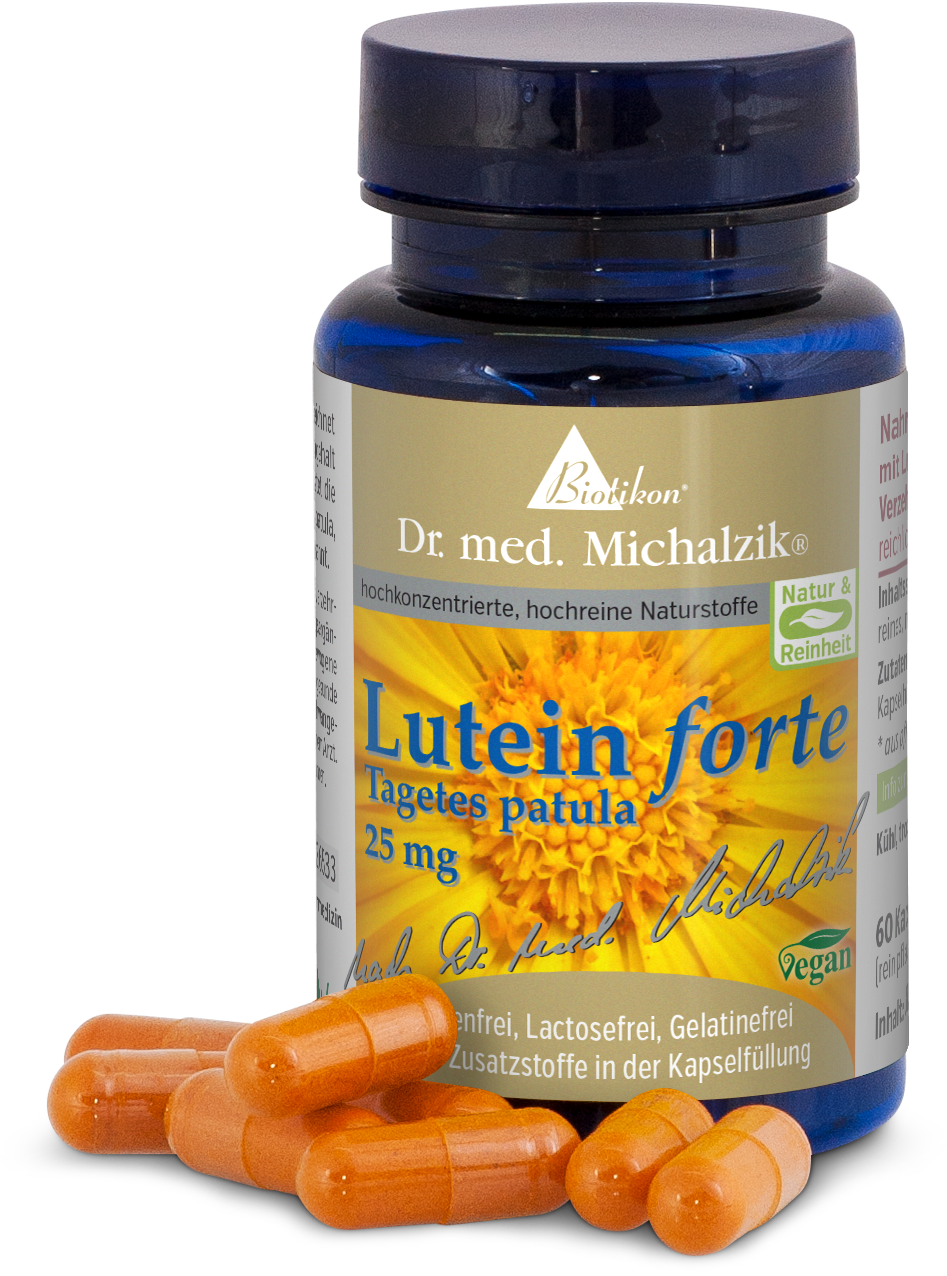 Lutein Forte 25 mg – Vegan Capsules Orange capsules in a blue bottle, 60 pieces, vegan. Packaging features a yellow flower.