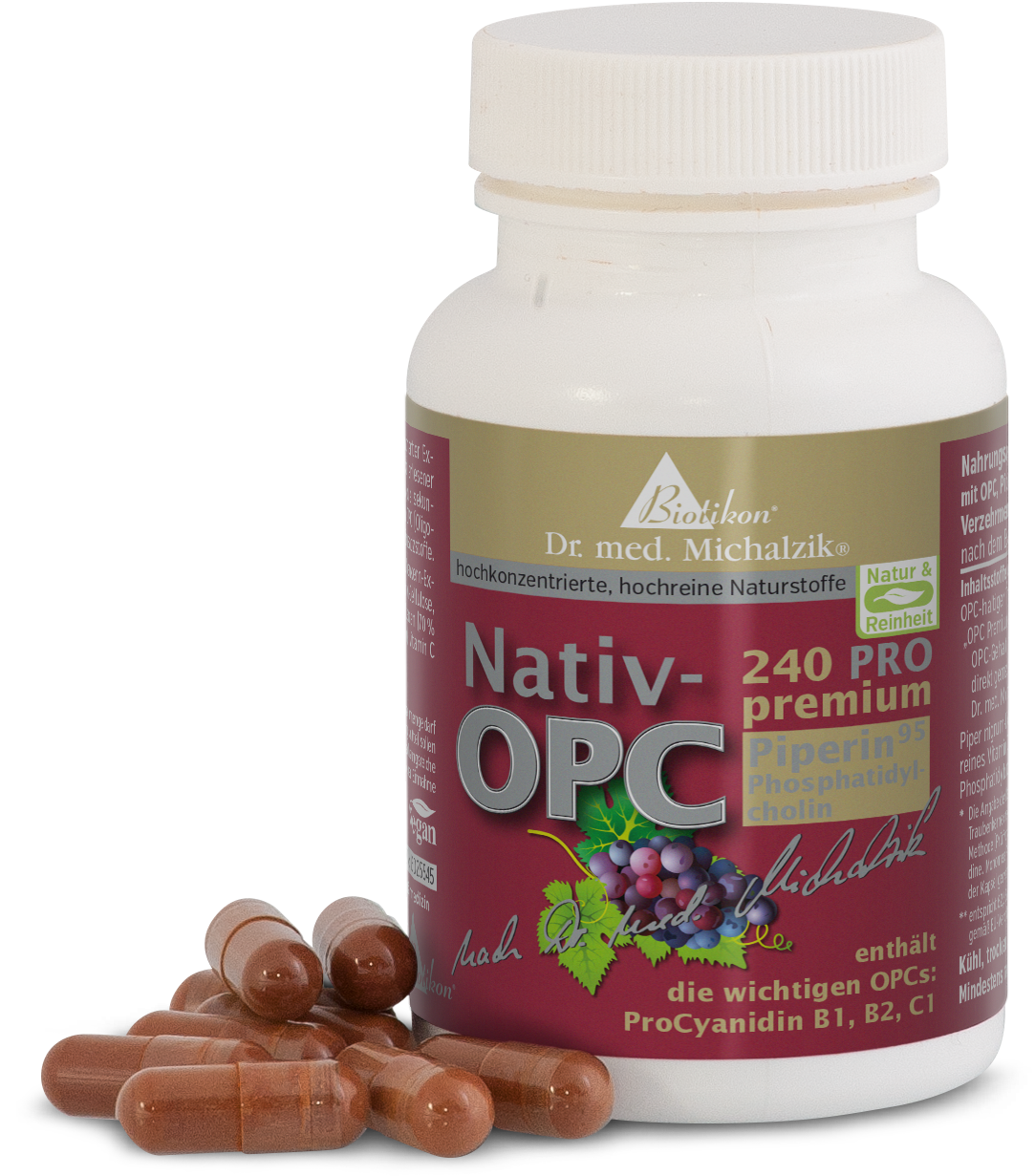 Nativ-OPC 240 – Capsules Bottle of Nativ-OPC capsules, brown capsules, 240 pieces, labeled on a red background.