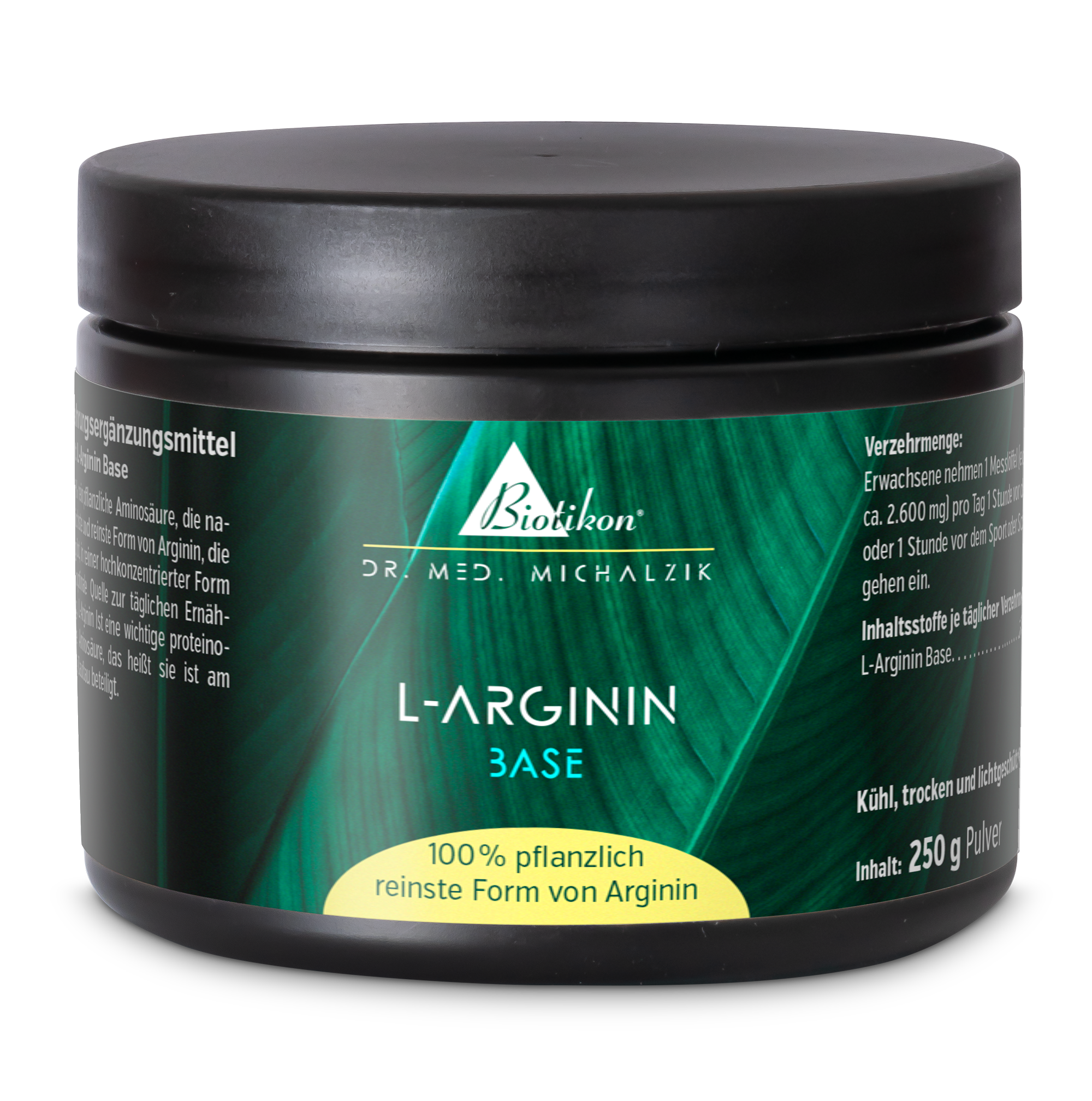 L-Arginine Base 250 g - Powder L-Arginine dietary supplement, 250 g powder in black container, front view.