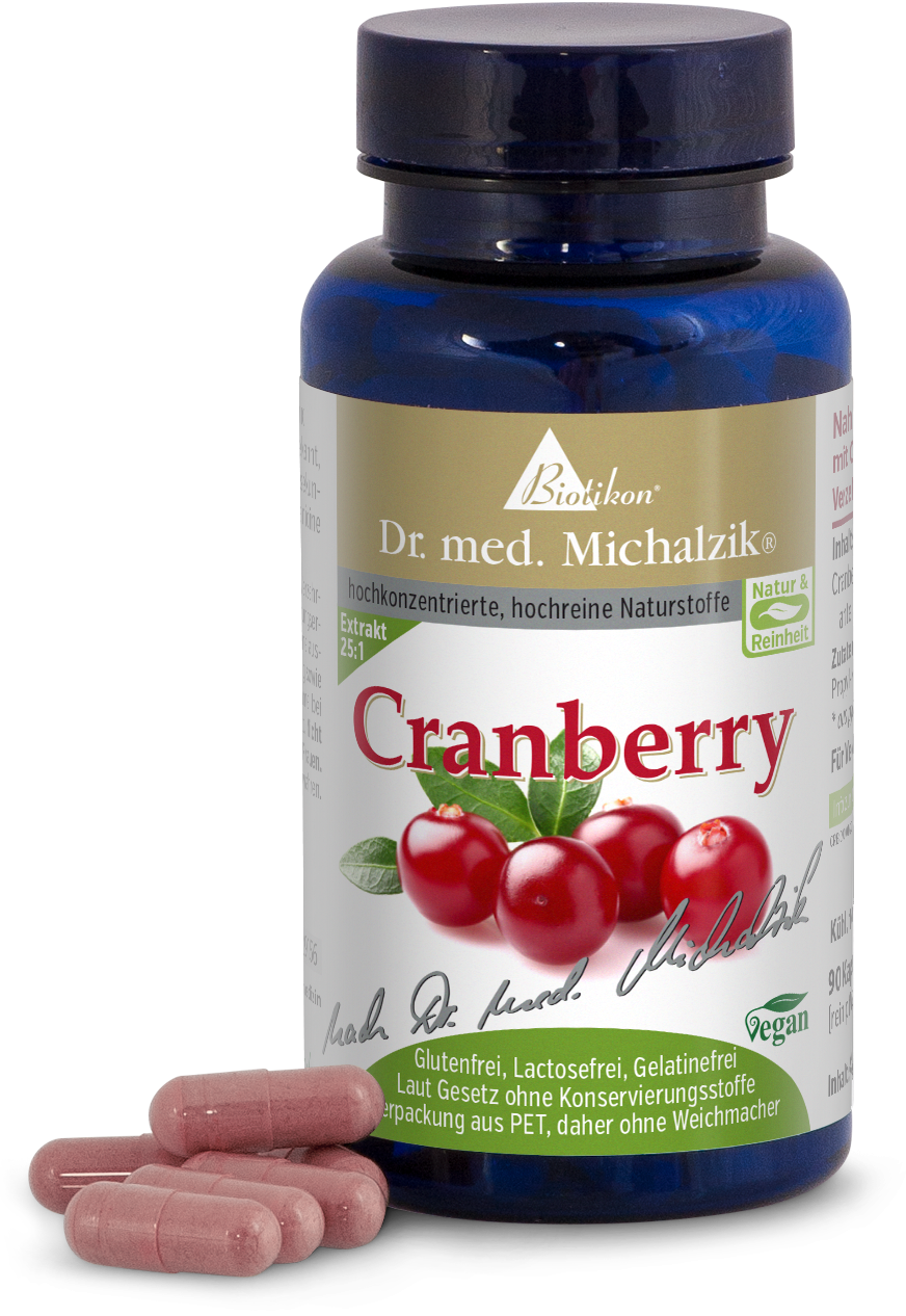 Cranberry 1000 mg – Capsules Cranberry capsules in a blue bottle, 120 pieces, with pink capsules in the foreground.
