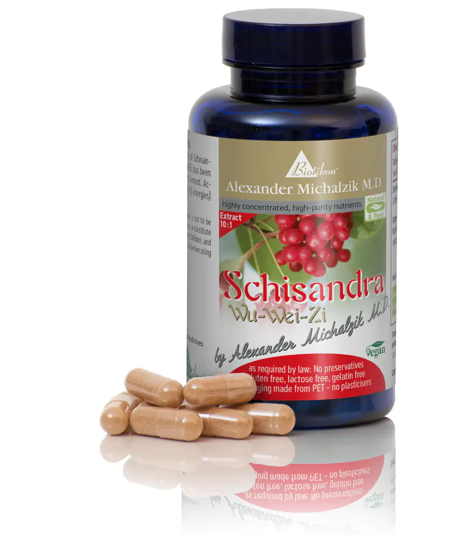 Schisandra Wu-Wei-Zi – Capsules Beige Schisandra capsules, 90 pieces in a blue PET bottle, taken from the front.