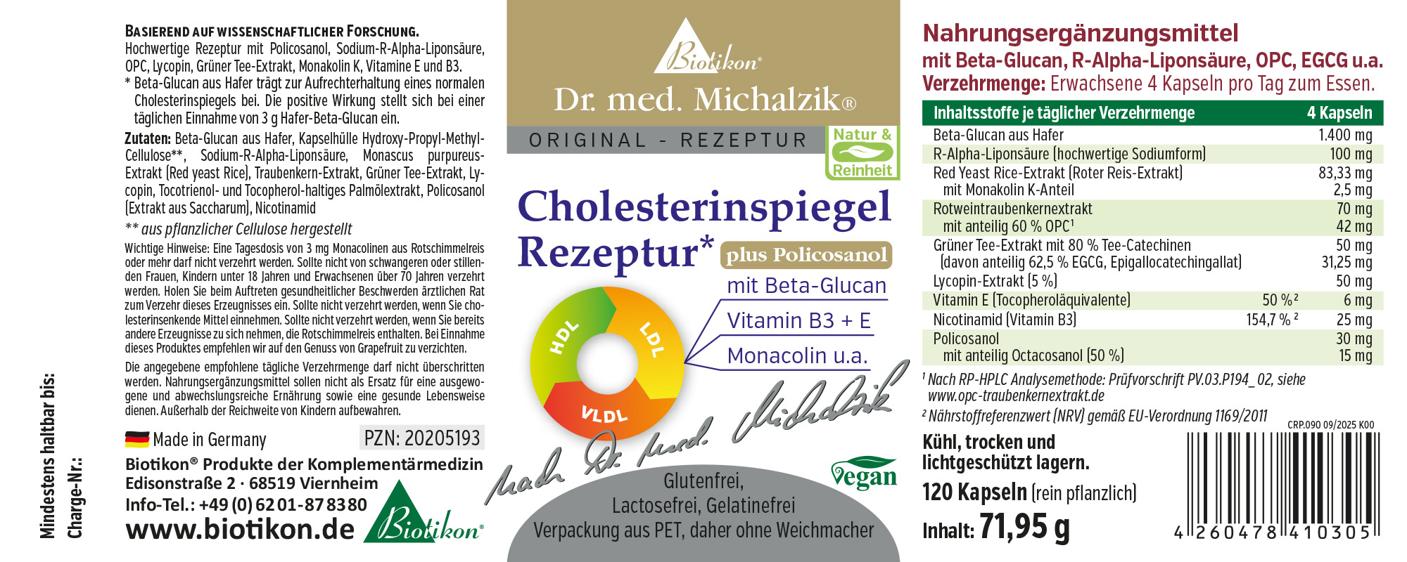 Cholesterol Regulator – 120 Capsules Dietary supplement in capsules, 120 pieces, red-green-yellow packaging design, vegan, visible ingredients.