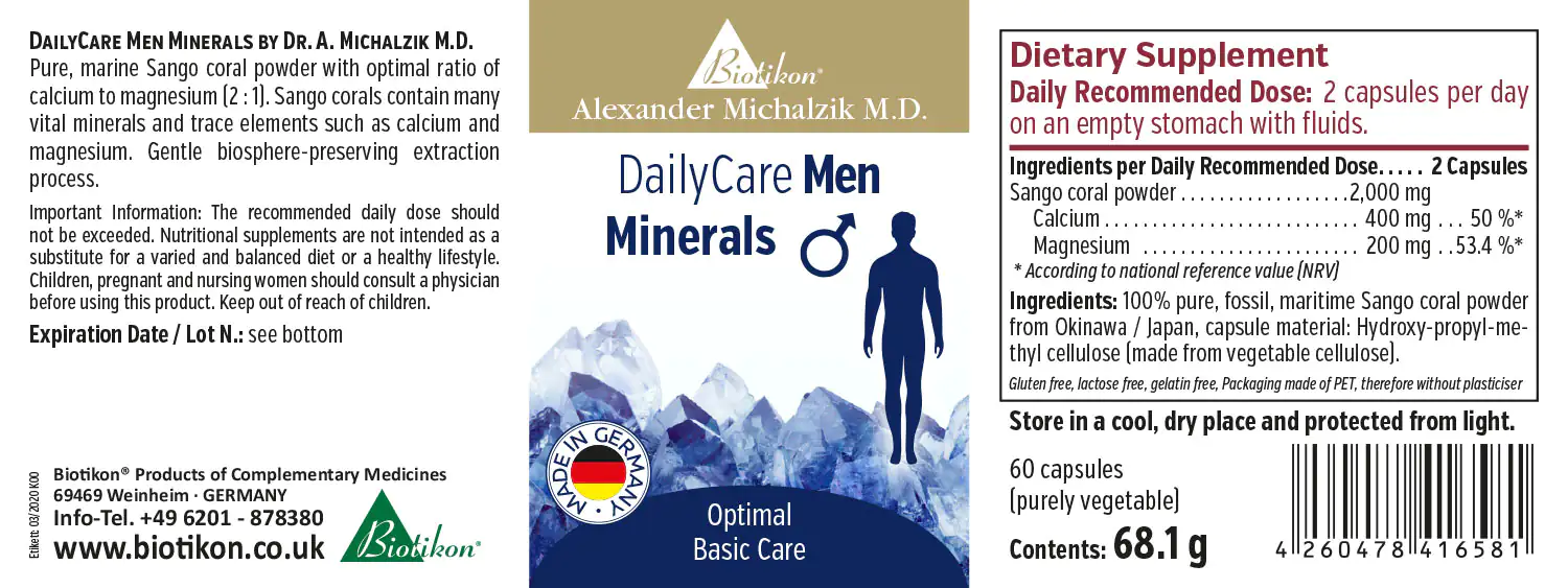 Men's Minerals – 60 Capsules DailyCare Men Minerals, 60 vegan capsules, marine Sango coral powder, packaged in a blue and white box.
