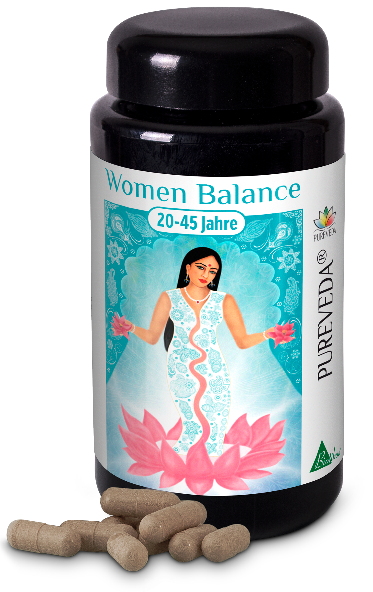 Women Balance Capsules 20-45 Years Black bottle with capsules, Women Balance for ages 20-45, colorful image of a woman with floral design.