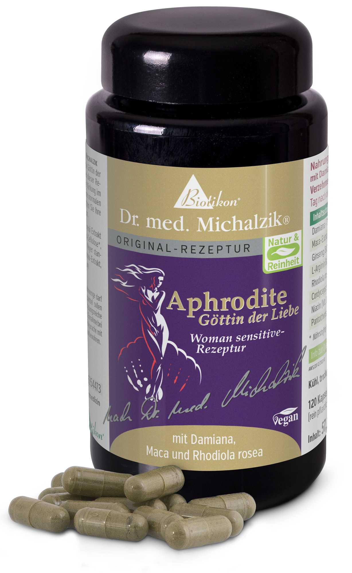 Aphrodite 120 Capsules - with Damiana, Maca Black bottle with 120 vegan capsules, colorful labeling, product details visible.