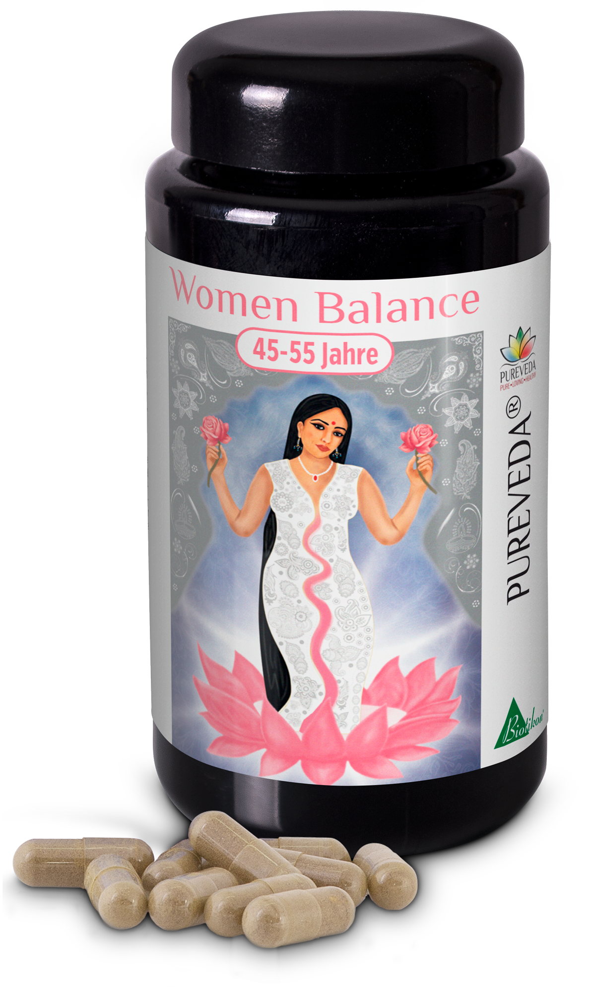 Women's Balance Capsules – Ages 45-55 Women's Balance Capsules, 60 pieces in a black bottle, beige capsules visible, with floral design.