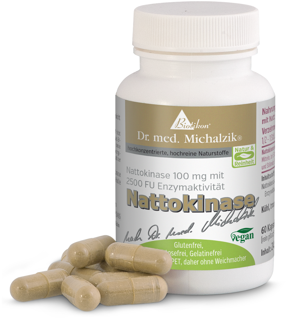 Nattokinase 100 mg – 60 Capsules Nattokinase capsules, 100 mg, in a clear bottle, beige-golden capsules, 60 count.