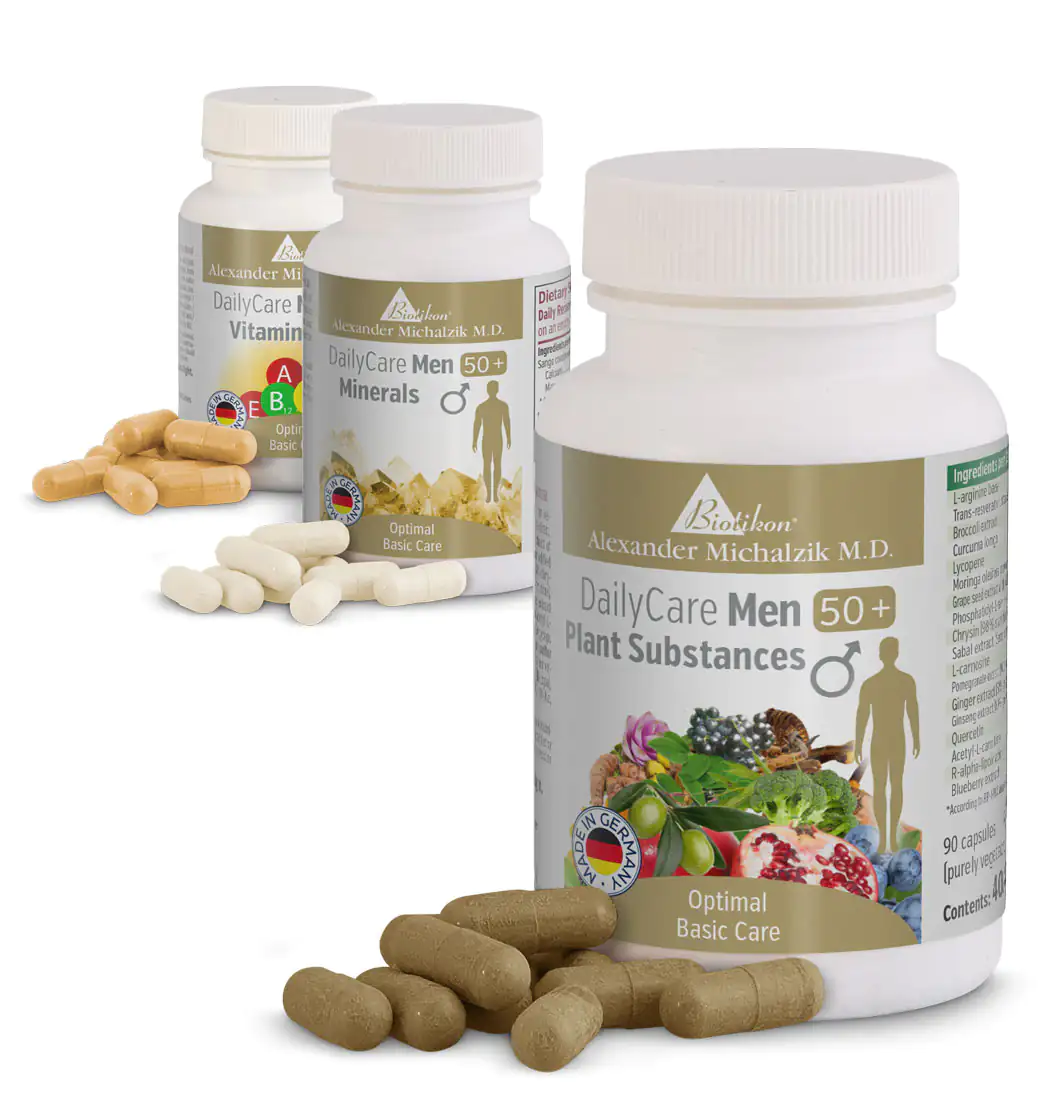 DailyCare Men 50+ – Capsules Three bottles of dietary supplements for men over 50, with various capsules in beige, white, and brown.