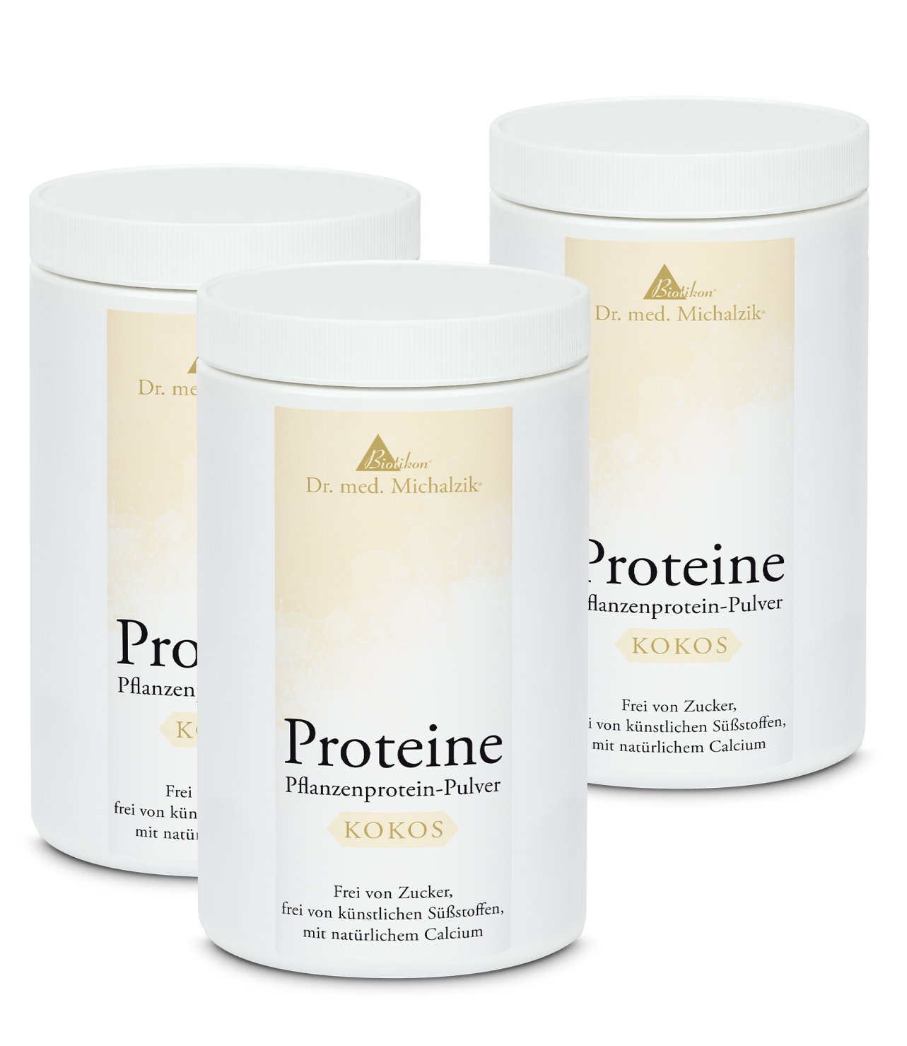 Coconut Plant Protein Powder – 600 g Three white containers of coconut plant protein powder, 600 g, on a white background.