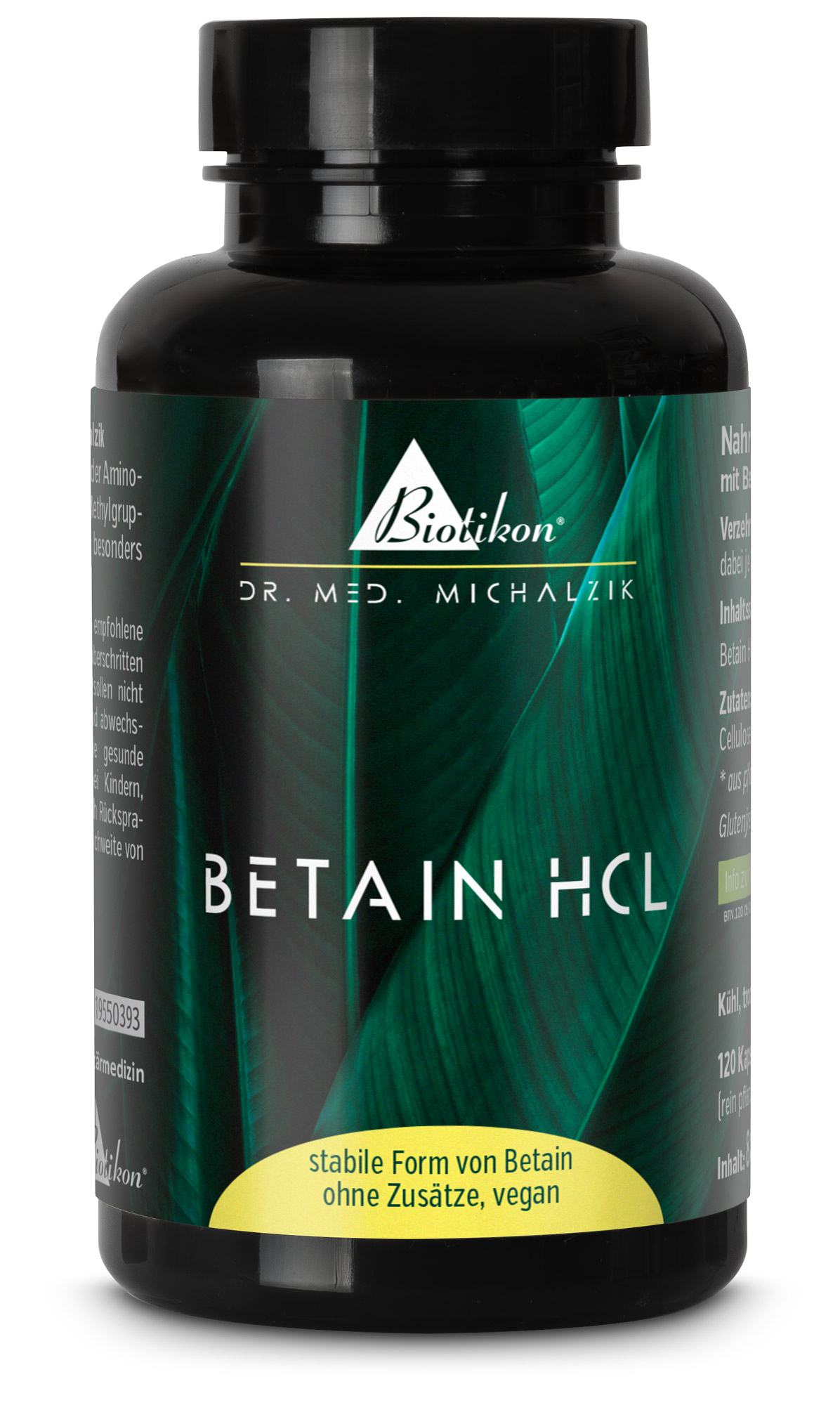 Betaine HCL 120 Capsules – No Additives Black capsule bottle containing 120 capsules, stable form of Betaine, vegan, green leaf pattern on label.
