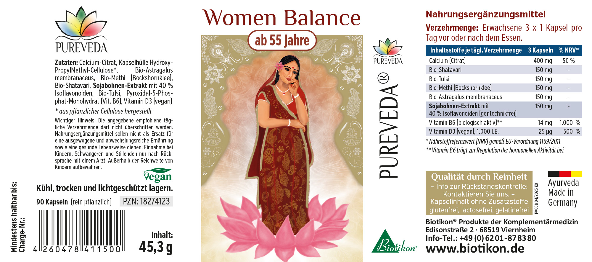 Women Balance 90 Capsules - Dietary Supplement Packaging of Women Balance, 90 vegan capsules designed for women over 55, featuring vibrant plant extracts.