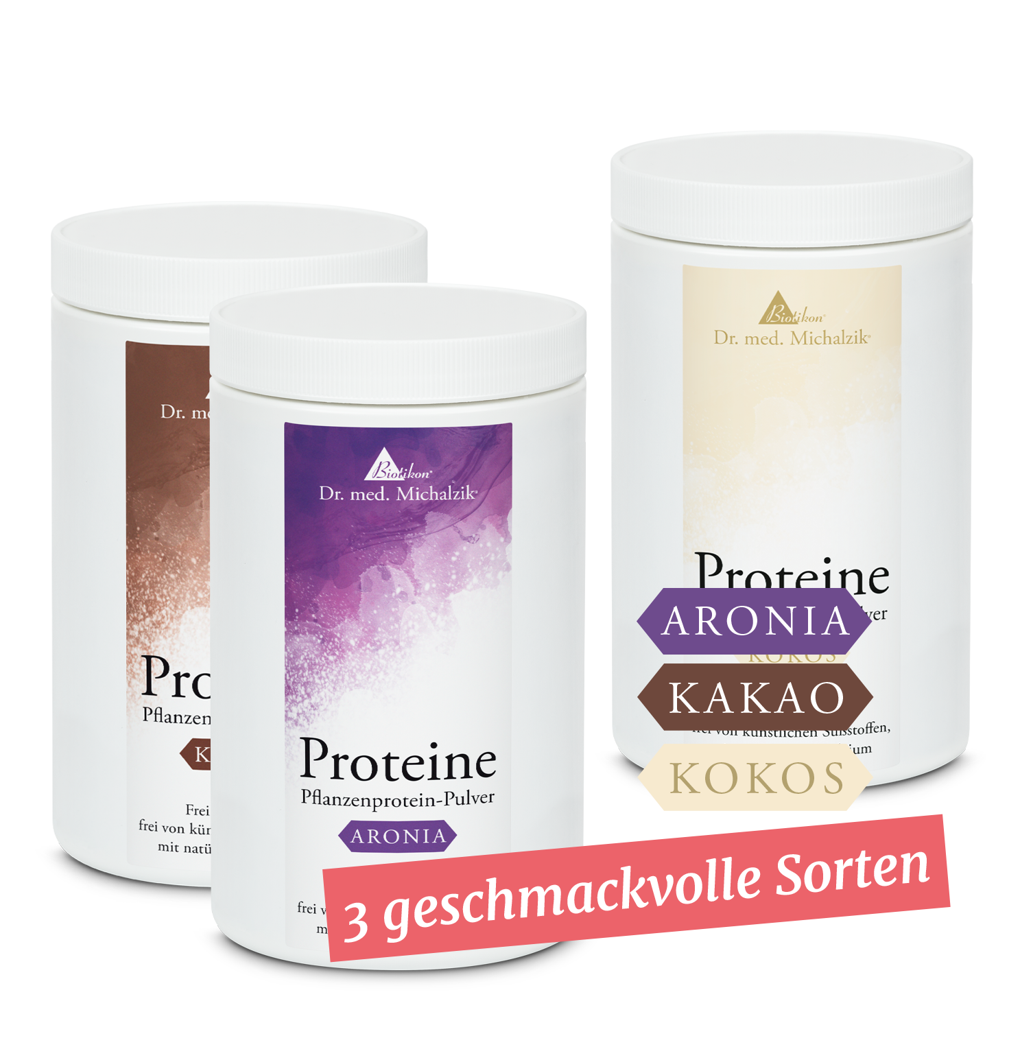 Plant Protein Powder – 3 Varieties Three containers of plant protein powder in Aronia, Cocoa, and Coconut, various colors, front view.
