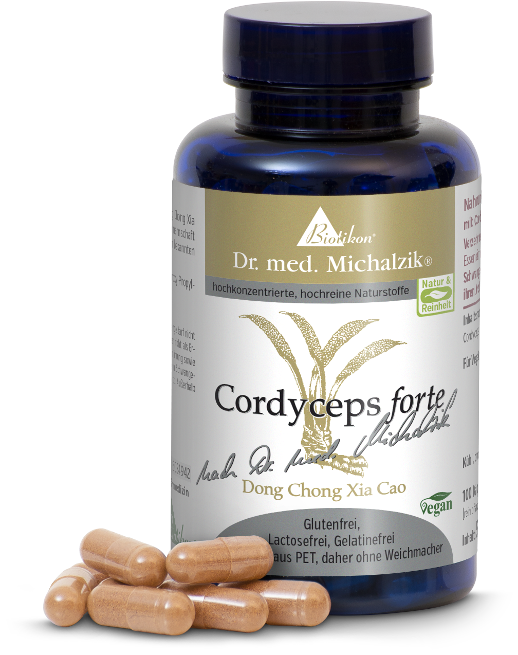 Cordyceps Forte – 100 Capsules Transparent PET bottle containing 100 brown vegan capsules on a white background.