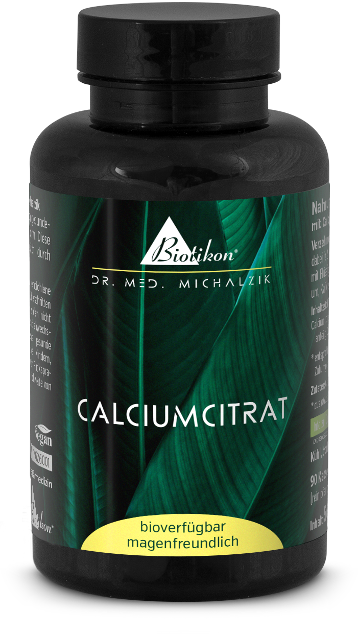 Calcium Citrate 90 Capsules - Bioavailable, Stomach Friendly Black bottle with Calcium Citrate capsules, 90 pieces, fresh green label view, vegan.
