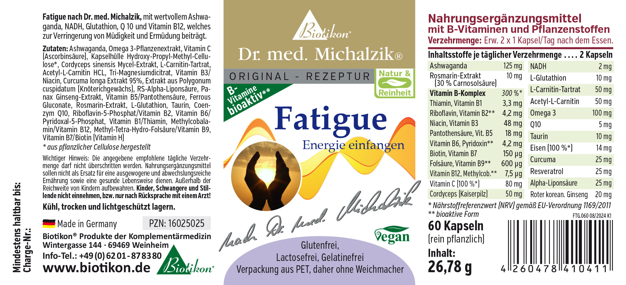 Fatigue Capsules - 60 Pieces Dietary supplement in capsule form, 60 capsules, vegan, supports well-being, green and beige packaging.