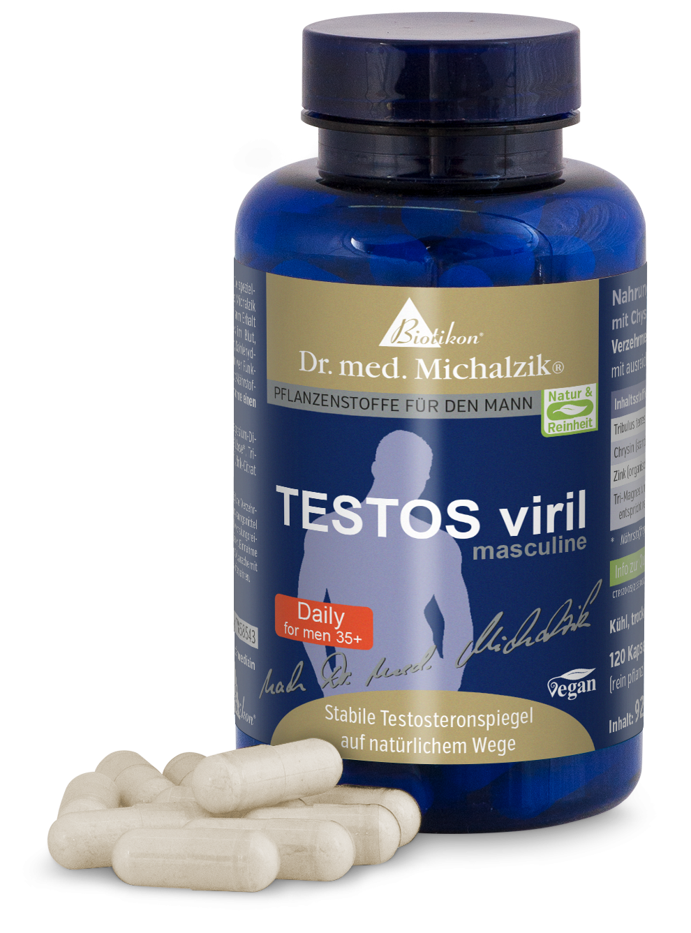 TESTOS Viril – 120 Capsules Vegan capsules in off-white, pack of 120 capsules, in a blue bottle, for men aged 35 and above.