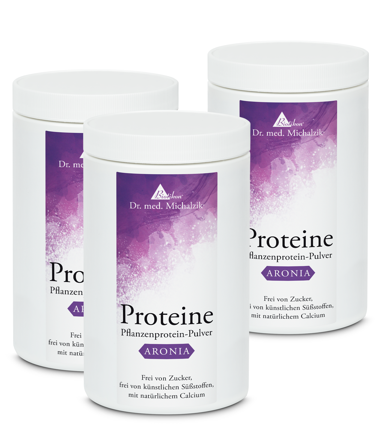 Aronia Plant Protein Powder – 500 g Three cans of Aronia plant protein powder, 500 g, in white packaging with purple accents.