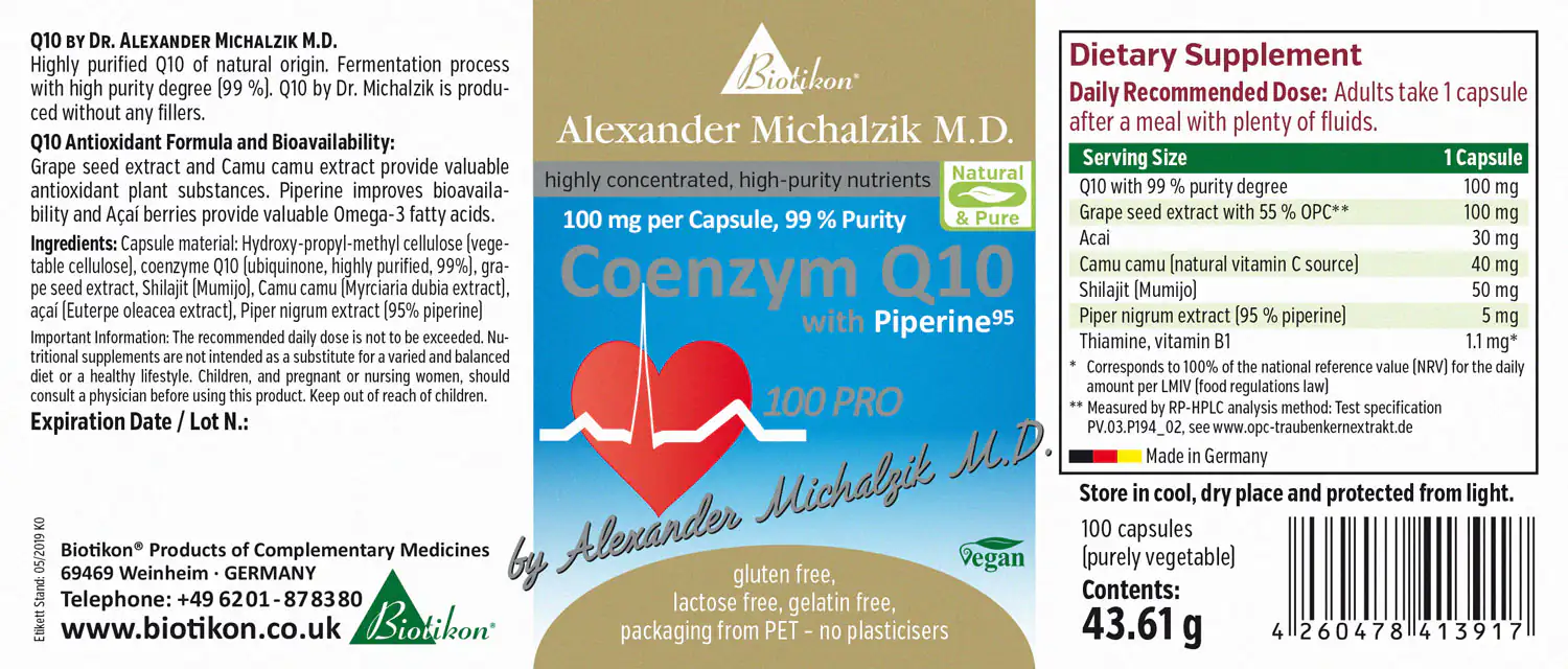 Coenzyme Q10 100 mg - Capsules Biotikon Coenzyme Q10 with Piperine, 100 capsules, vegan formula, high purity, green packaging.