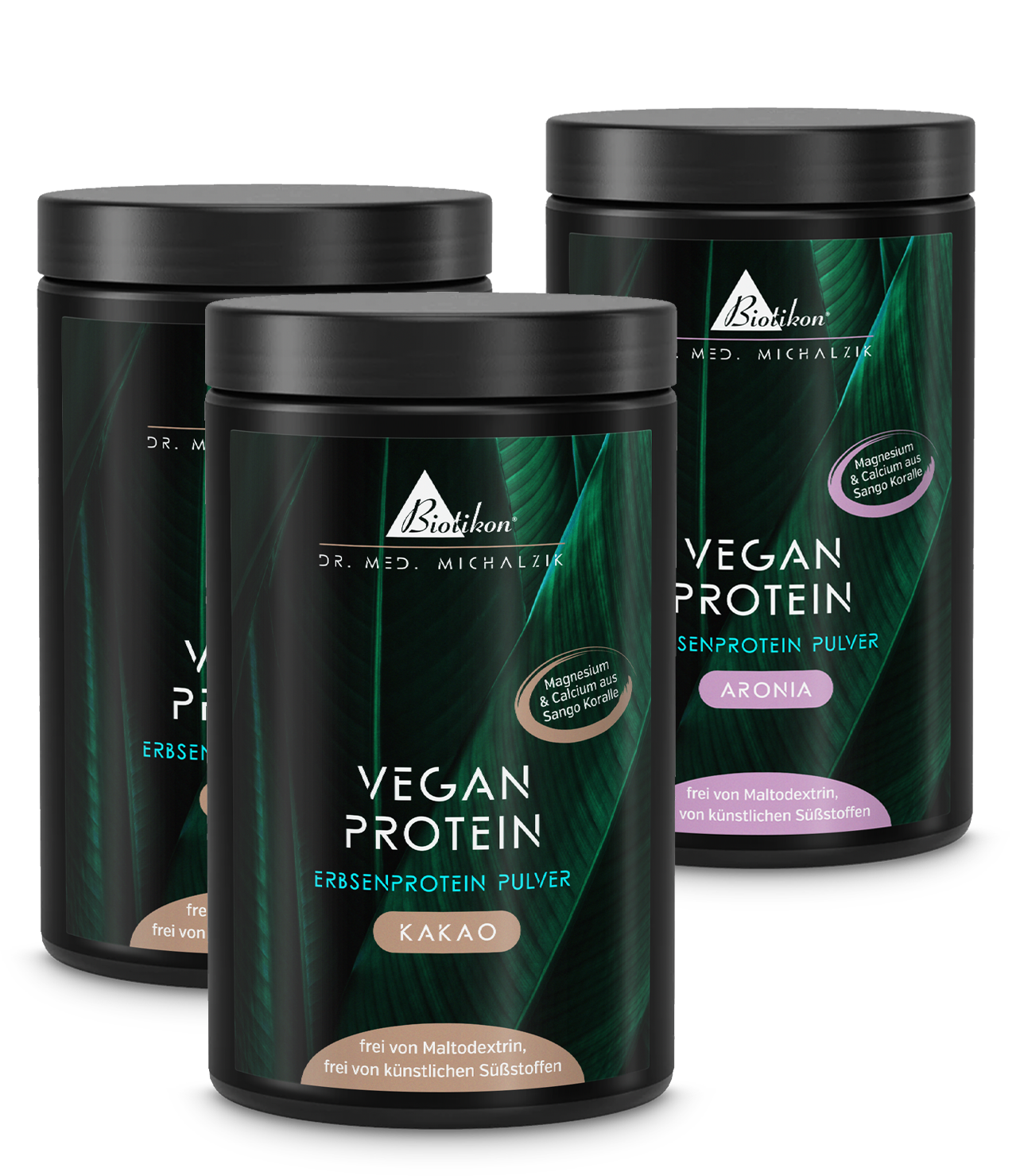 Three cans of plant protein powder in cocoa and aronia flavor, each 300 g, with white lids.