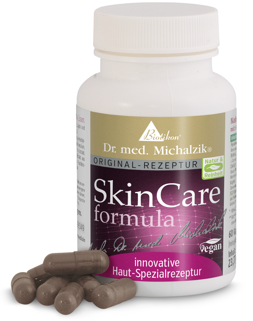 SkinCare Formula – 60 Capsules Brown capsules for skin care, 60 pieces in a white container with purple accents.