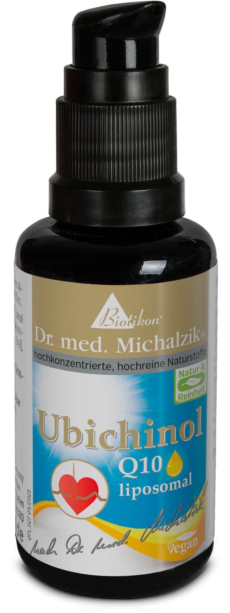 Ubiquinol Q10 50 ml – Liposomal Liposomal Ubiquinol Q10, 50 ml in a black pump dispenser bottle, front view.