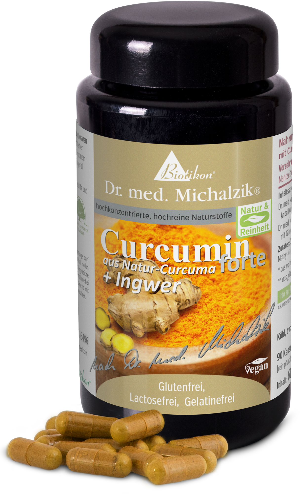 Curcumin 90 Capsules - Natural Turmeric + Ginger Black container with 90 capsules, Curcumin with ginger, vegan and gluten-free.