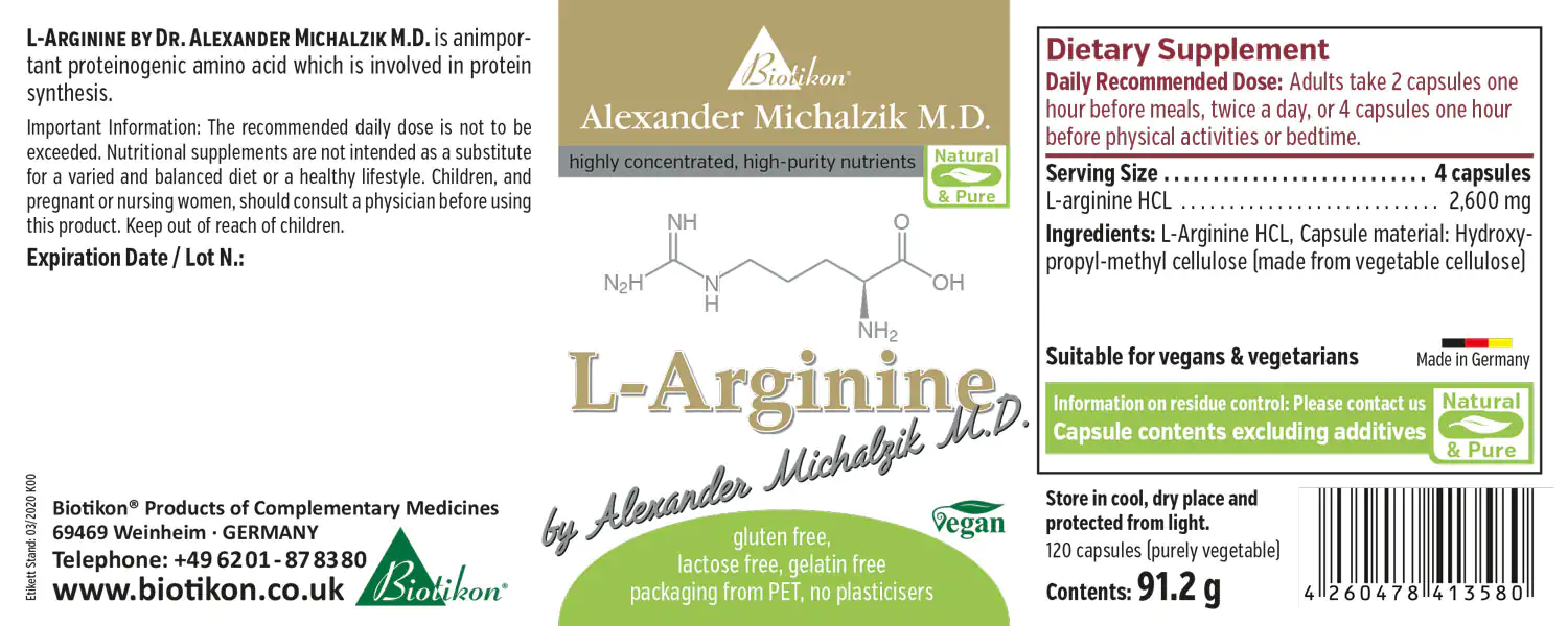L-Arginine 2600 mg - Capsules L-Arginine dietary supplement, 120 capsules, gluten-free and lactose-free, white packaging with organic detail label.