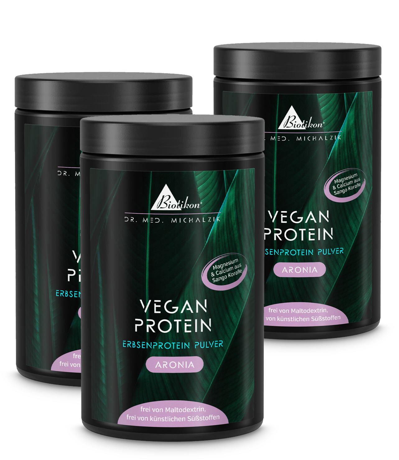 Three cans of Aronia plant protein powder, 500 g, in white packaging with purple accents.