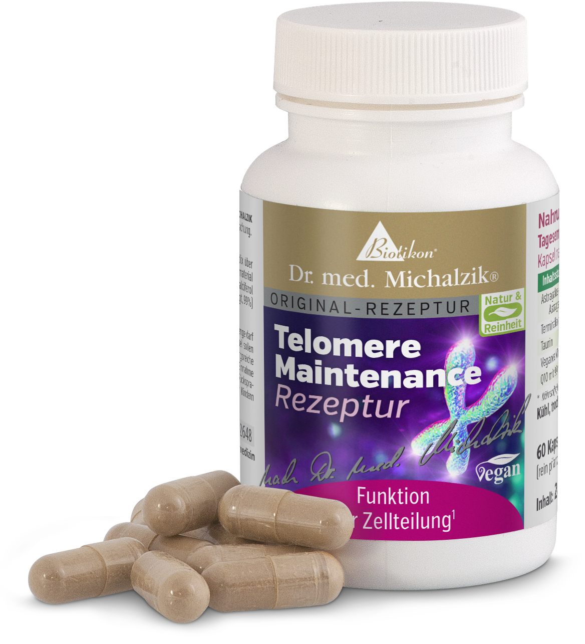 Telomere Maintenance 60 Capsules – Supplement White plastic container with 60 brown capsules, vegan formulations, arranged in front of the container.