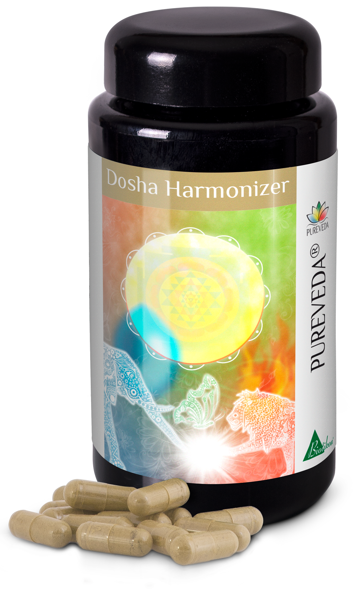 Dosha Harmonizer – Capsules Black bottle with capsules, colorful background and decoration, contains 60 capsules.