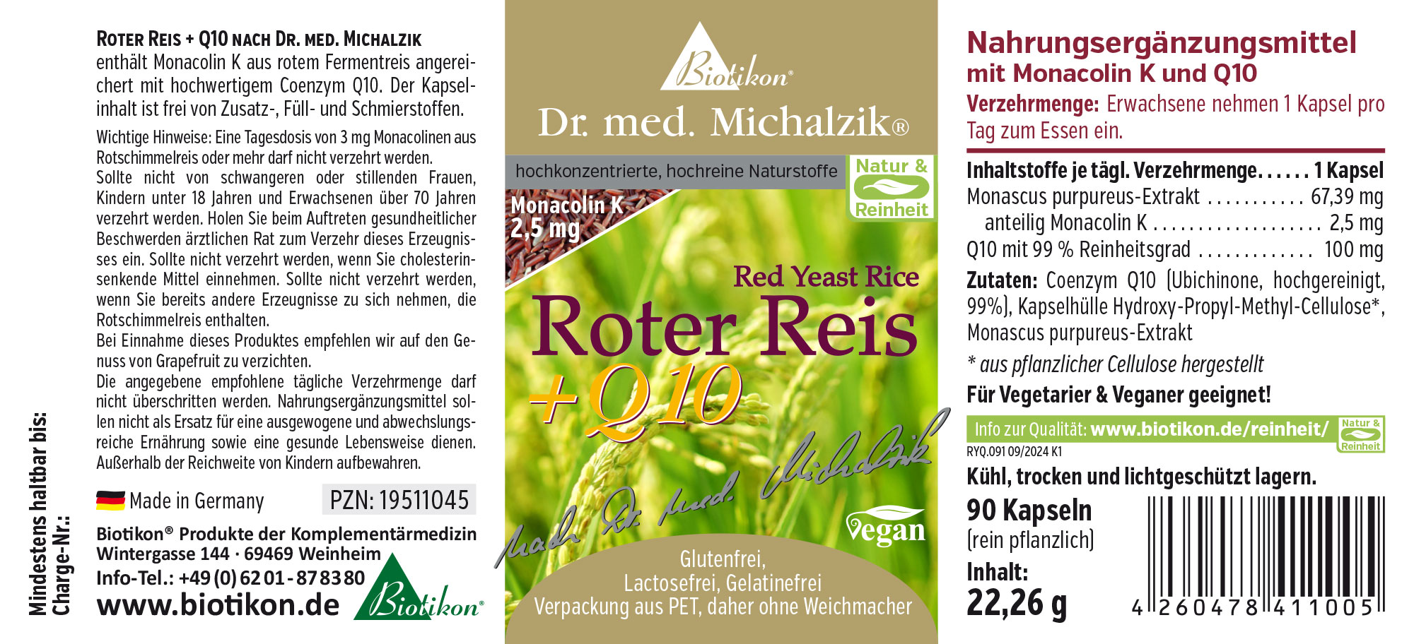 Red Rice + Q10 – 90 Capsules Dietary supplement of red rice with Q10, 90 vegan capsules in PET packaging, featuring green and brown hues.