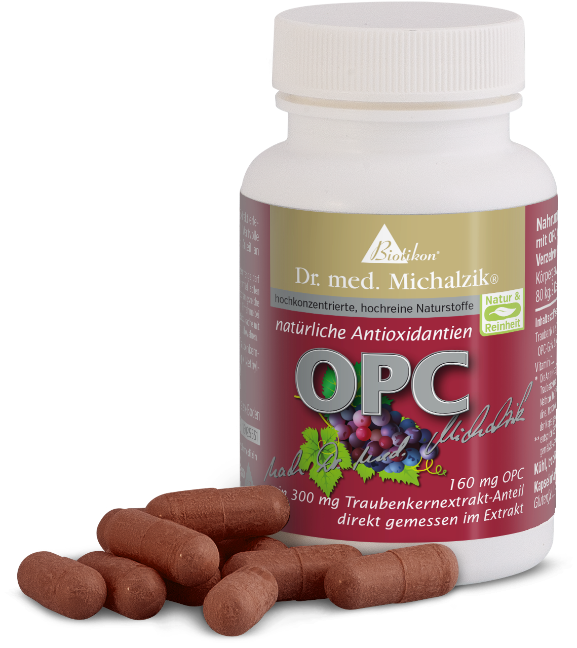 OPC 160 mg - Capsules with Grape Seed Extract Brown OPC capsules, 160 mg dosage from grape seed extract, alongside a bottle.