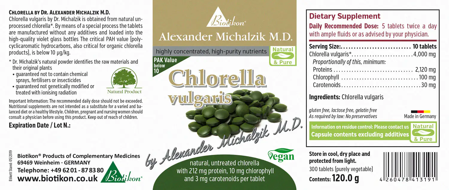 Chlorella 4000 mg – Tablets Chlorella vulgaris, 300 tablets in purple packaging, green tablets, vegan, no additives.