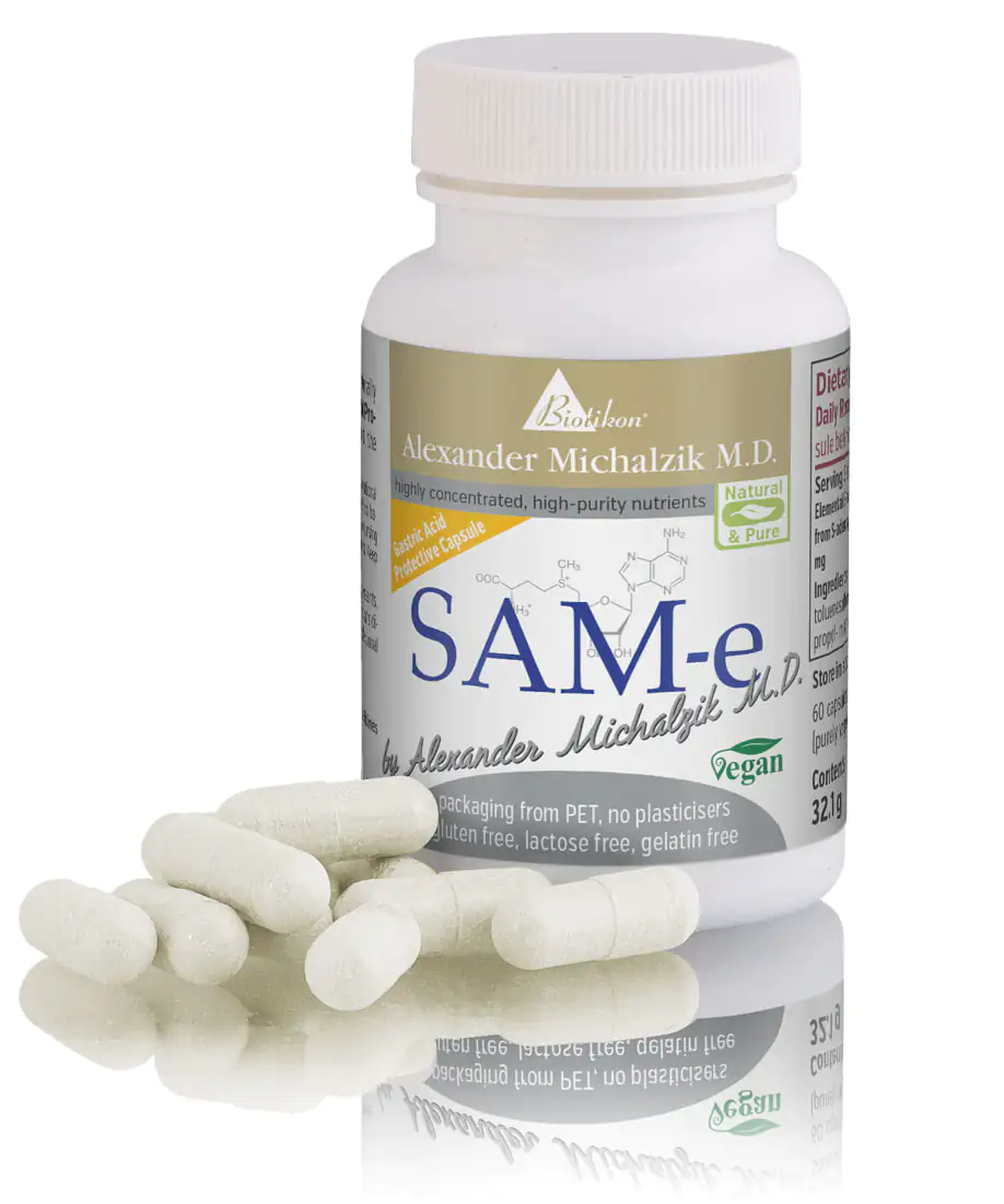 SAM-e 60 Capsules – High Concentration White capsules in a PET bottle with a screw cap, 60 pieces, shown from the front.