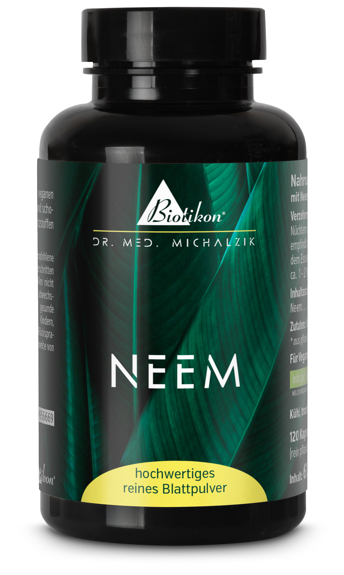 Neem Leaf Powder – 120 Capsules Black bottle containing 120 capsules of neem leaf powder, green leaves in the background, vegan.