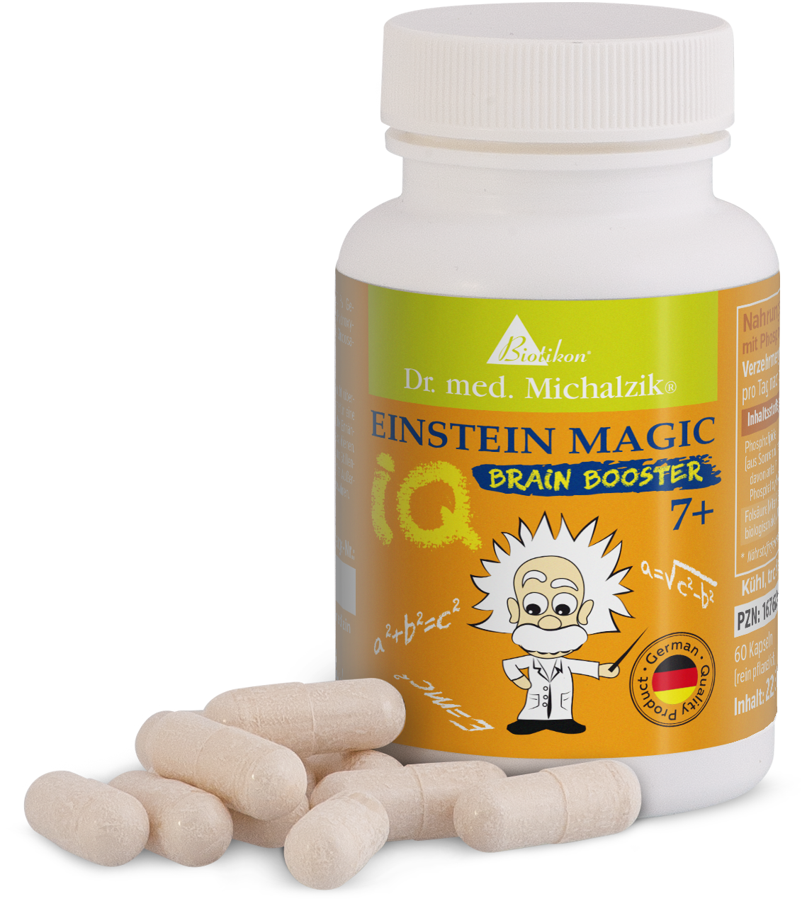 Einstein Magic Brain Booster – 60 Capsules Einstein Magic Brain Booster in a white bottle containing 60 beige capsules, front view.