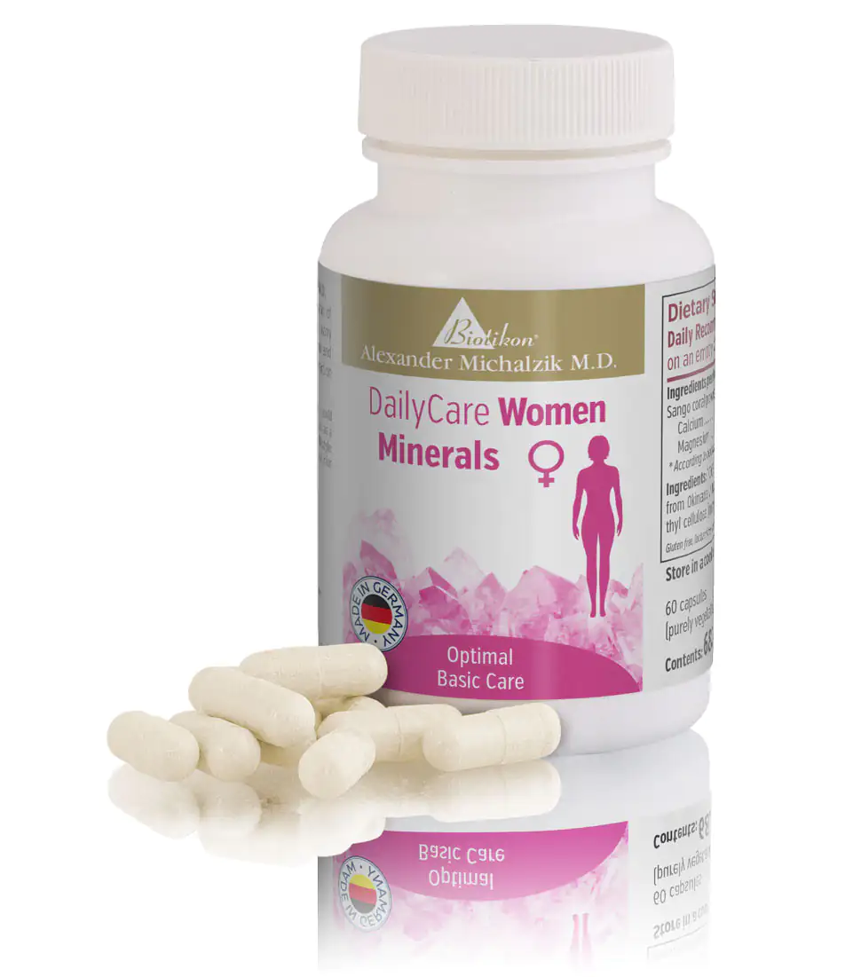 Minerals for Women – 60 Capsules Bottle containing 60 white capsules for women, optimal daily essentials, front view.
