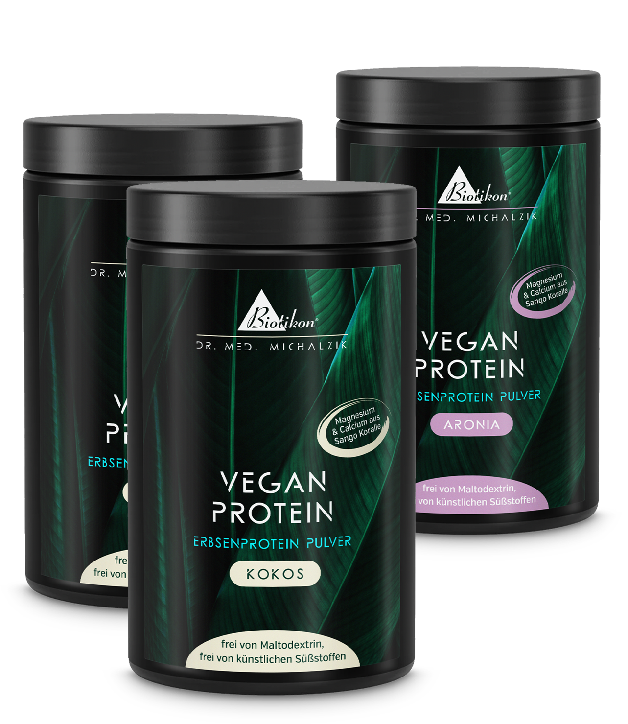 Three cans of plant protein powder in white, flavored with coconut and aronia, each 300g.