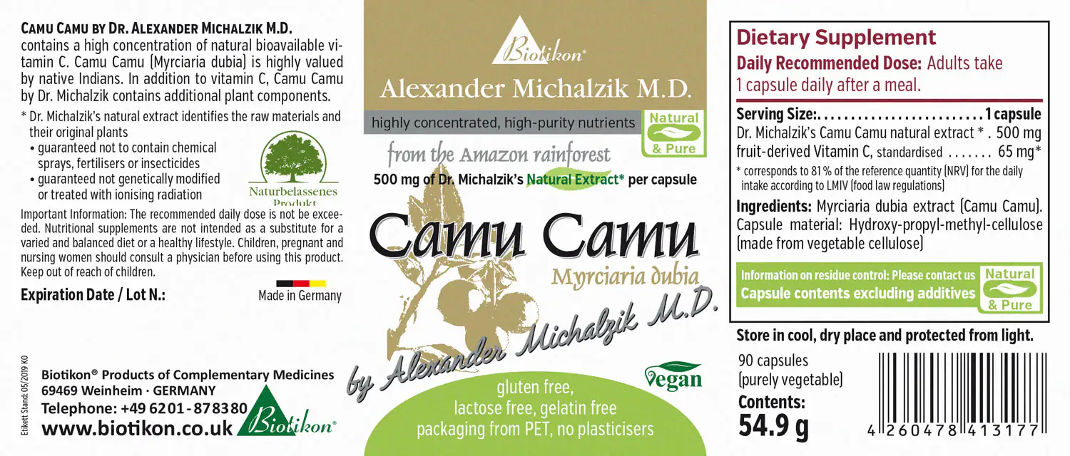 Camu Camu 500 mg - Capsules Camu Camu capsules with 500 mg Myrciaria dubia, 90 veggie capsules, PET packaging, green-gold design.