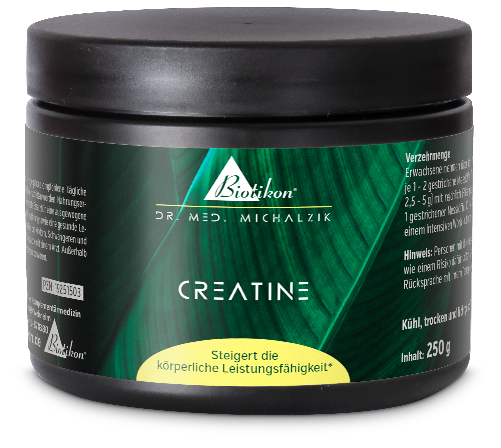 Creatine Powder 250g – Black Container with Green Design Creatine powder in a black container featuring a green design, 250g.
