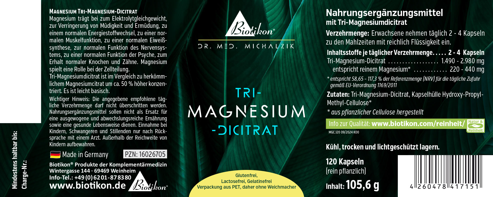 Magnesium Tri-Magnesium-Dicitrat – 120 Capsules Magnesium dietary supplement in capsule form, 120 capsules, green packaging, by Biotikon.