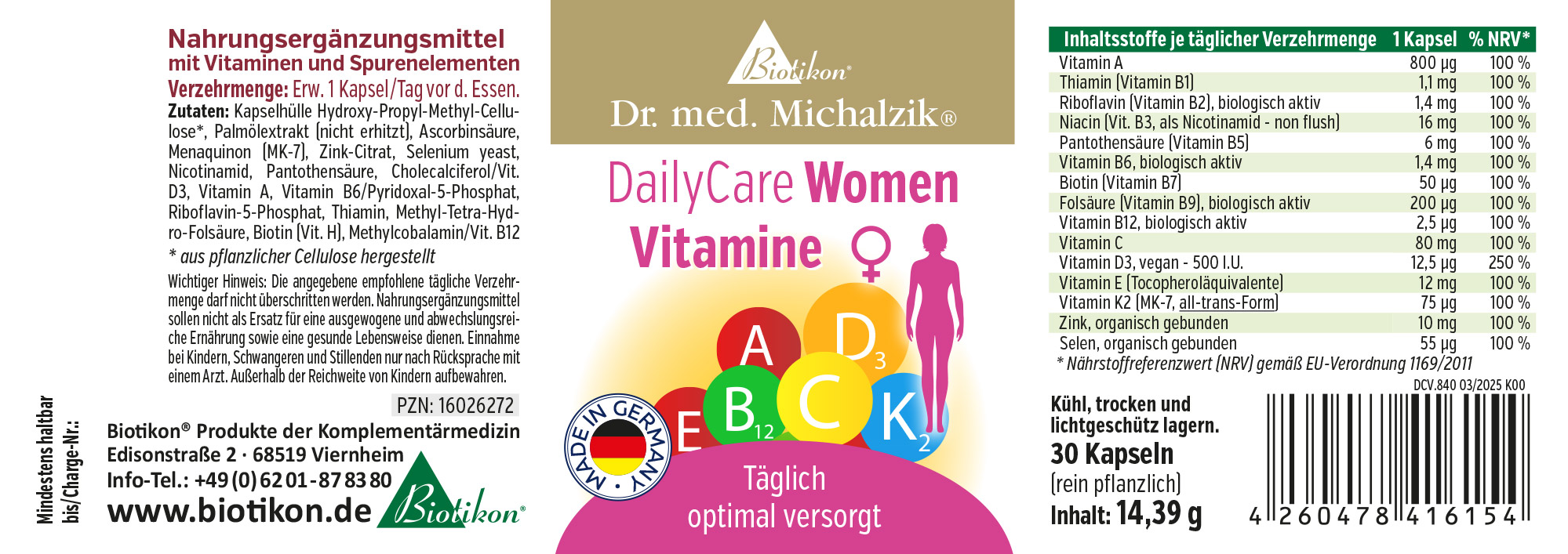 Women's Vitamin Blend – 30 Capsules Dietary supplement in capsules, 30 pieces, colorful packaging with health-related icons, made from plant-based cellulose.