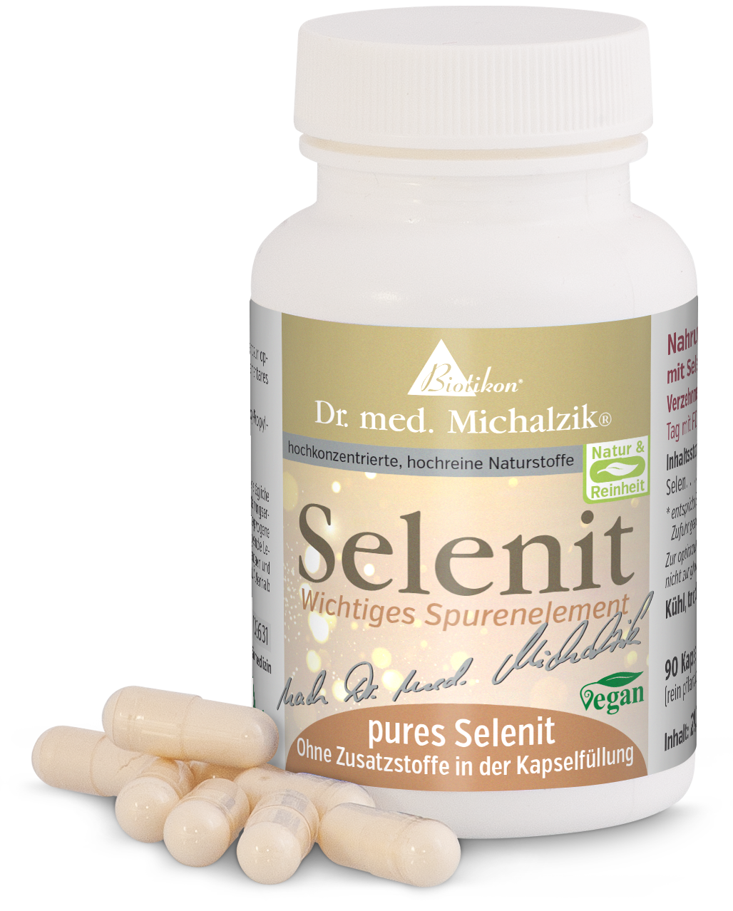 Selenite 90 Capsules – Pure Selenium Bottle of 90 vegan Selenite capsules, beige color, with some capsules on the table in the foreground.