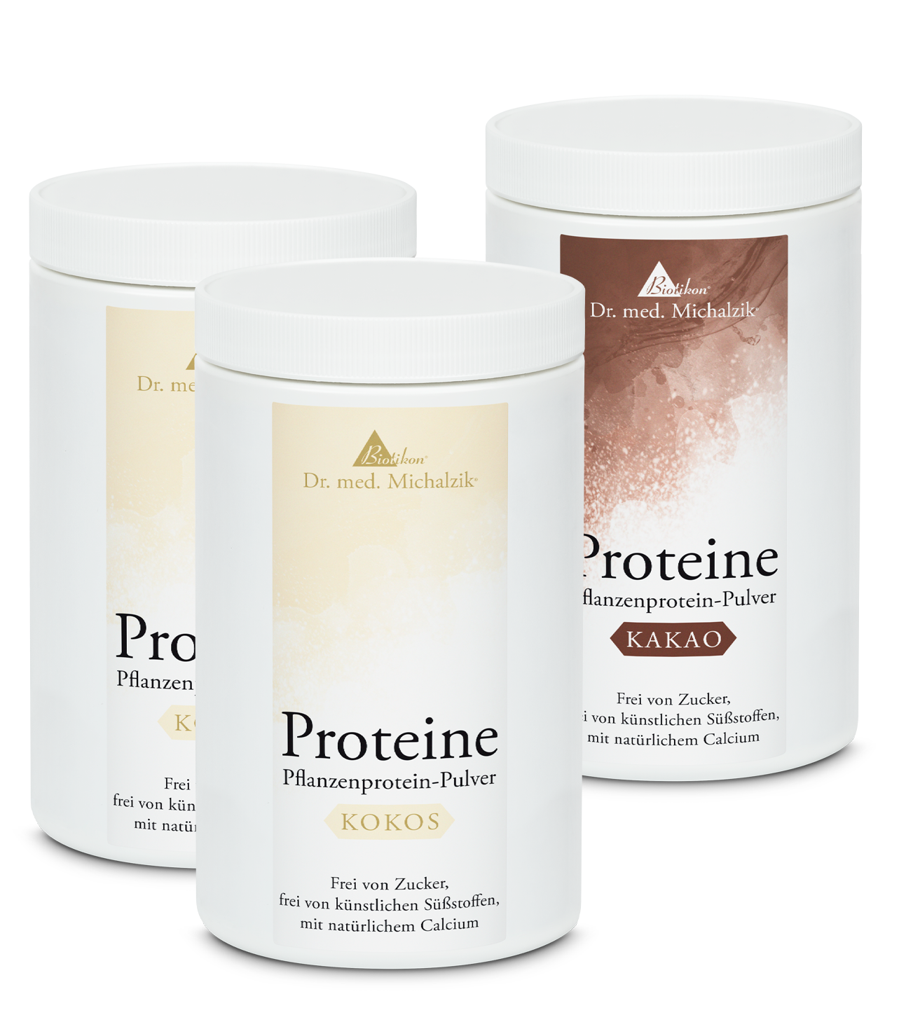Plant Protein Powder Coconut & Cocoa – 300g Three cans of plant protein powder in white, coconut, and cocoa with a lid, on a white background.