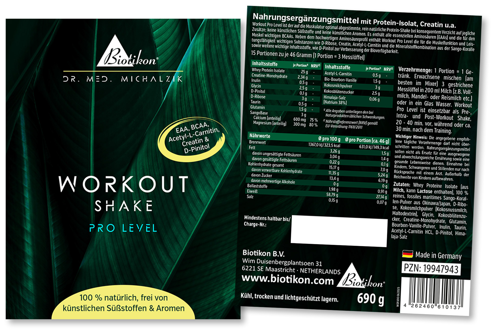 Workout Shake Pro Level – 690 g Supplement powder, 690 g, black packaging with green leaves, visible nutritional values.