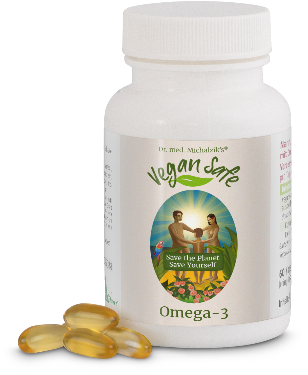 Omega-3 Capsules – 60 Vegan Softgels Bottle of Omega-3 capsules, 60 vegan softgels, yellow gel, front view, white packaging.