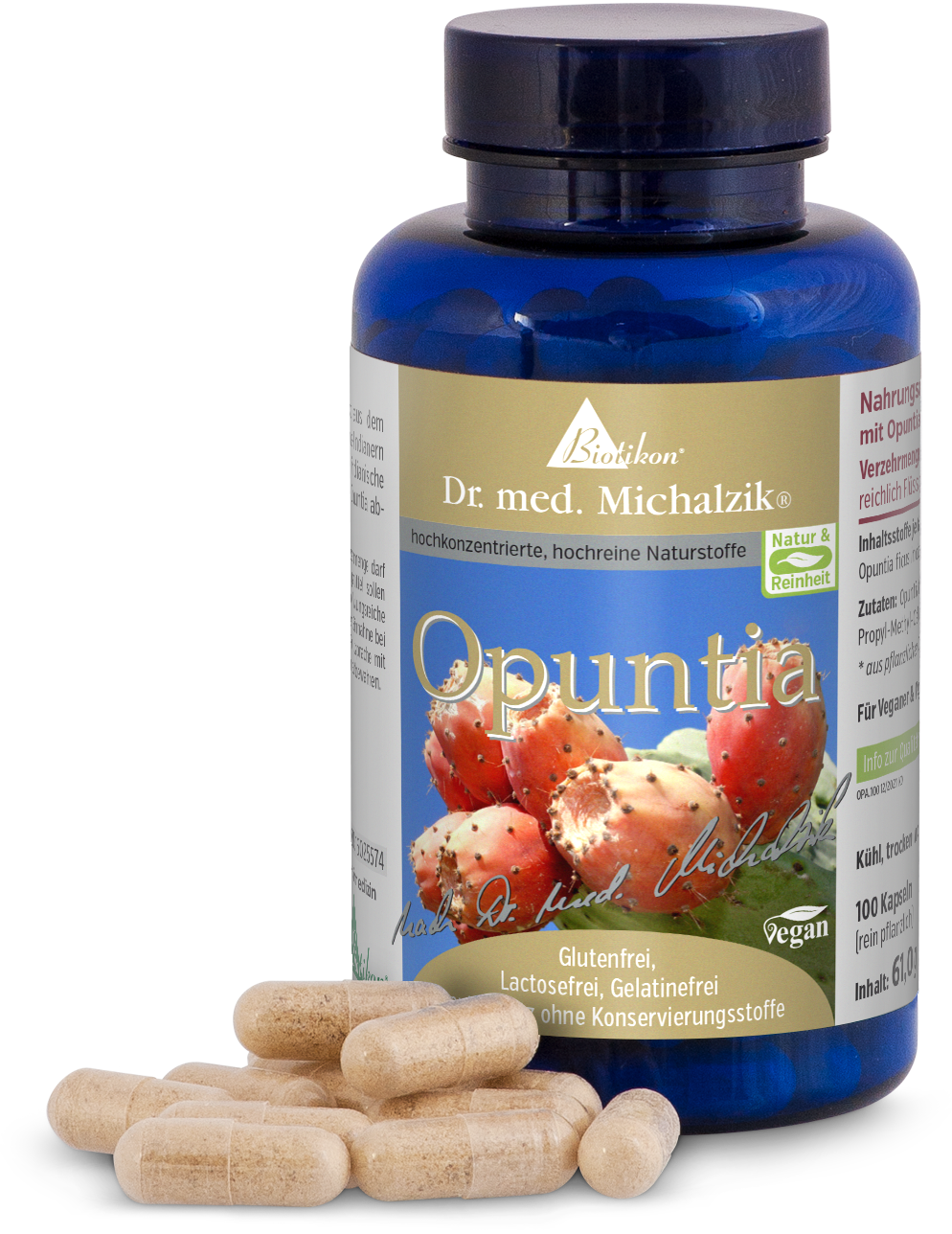 Opuntia Capsules – 100 Count Brown capsules in a blue bottle, 100 capsules, gluten-free, lactose-free, vegan.