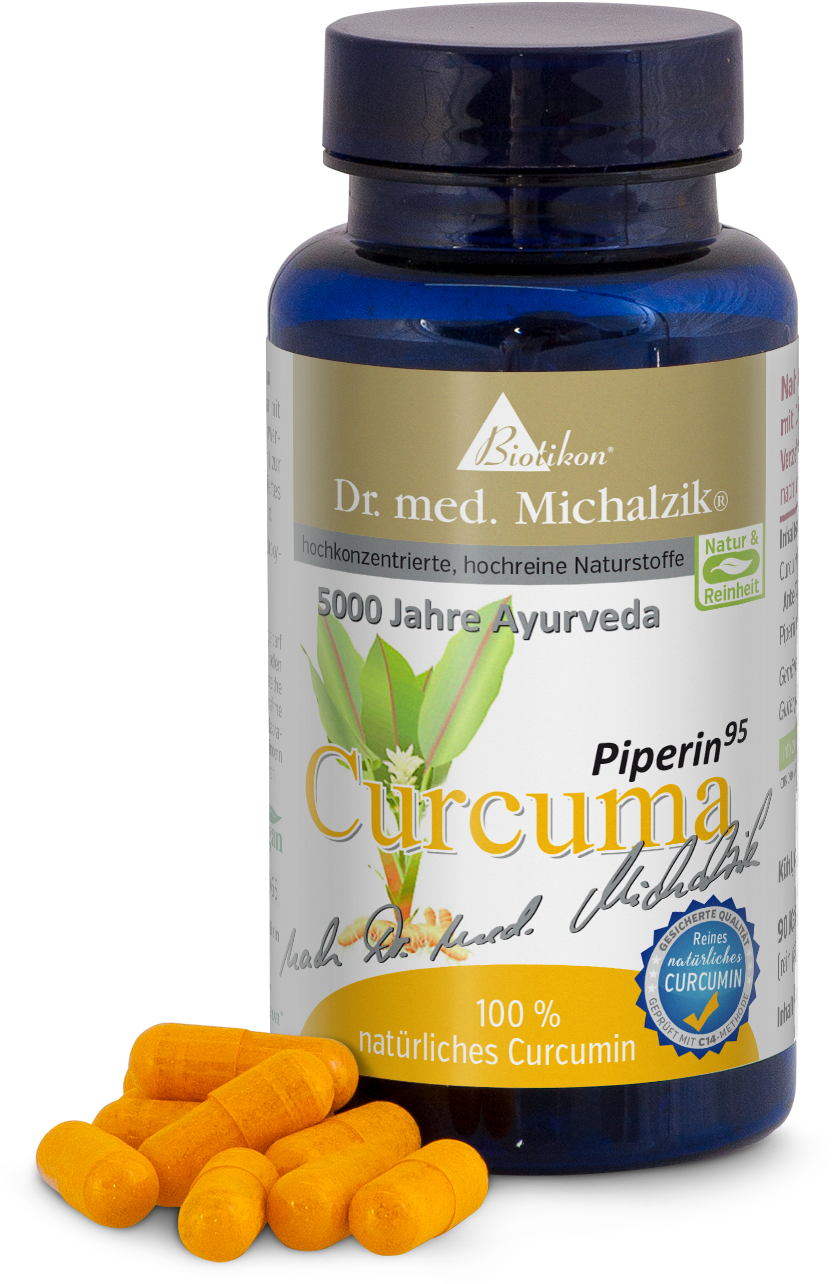 Turmeric 500 mg - Capsules Yellow capsules with natural curcumin in a blue bottle, 100% pure, 90 count.