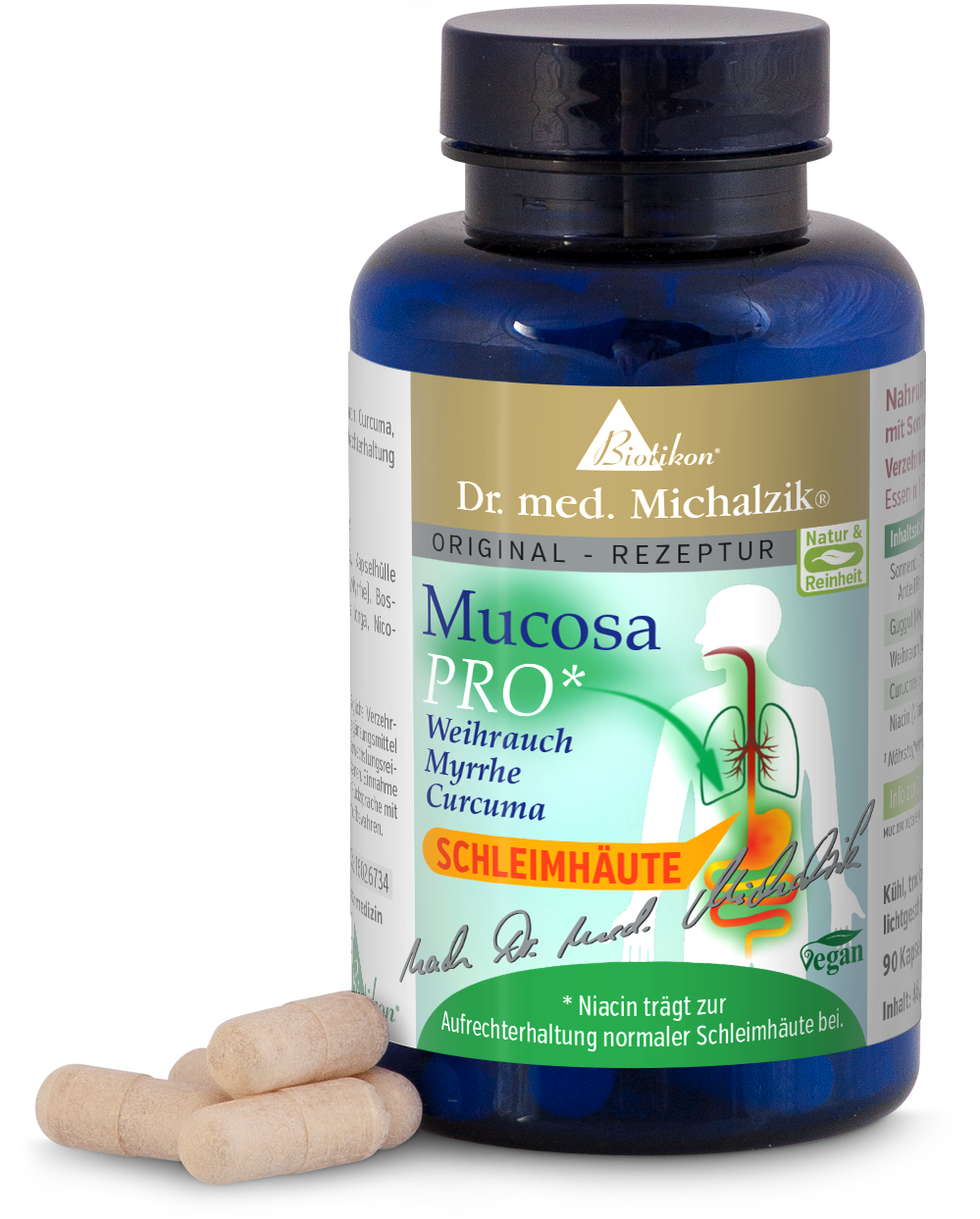 Mucosa PRO – 90 Capsules Mucosa PRO capsules in a blue bottle, 90 pieces, for mucosal support.
